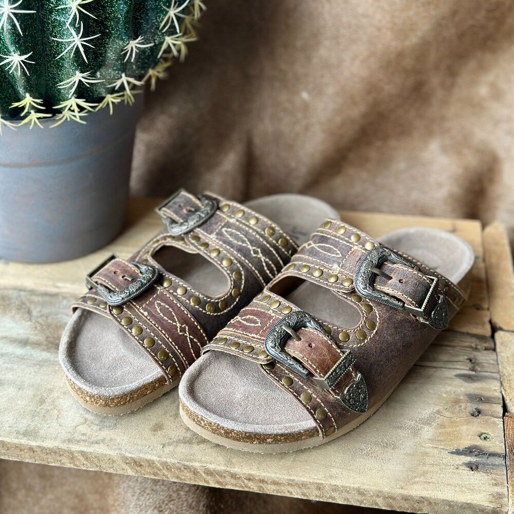 NWT Bandera Buckled Leather Slide Sandals [Brown]
